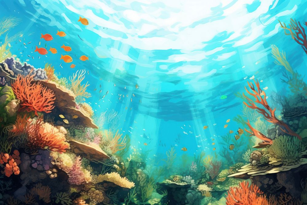 Underwater fish aquarium outdoors, digital paint illustration. AI generated image