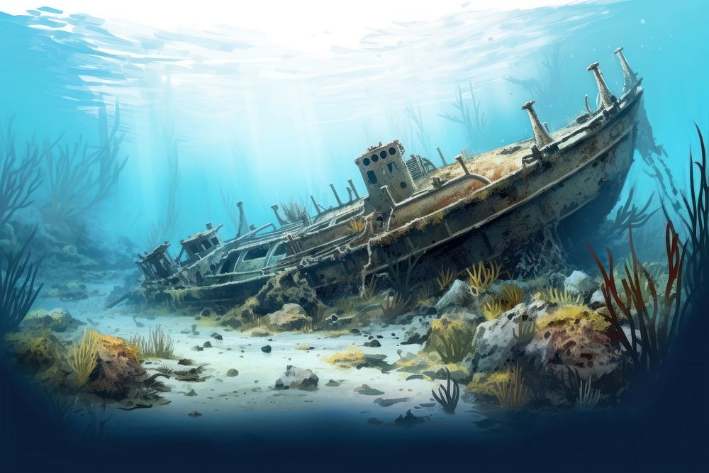 Underwater shipwreck outdoors vehicle, digital paint illustration. AI generated image