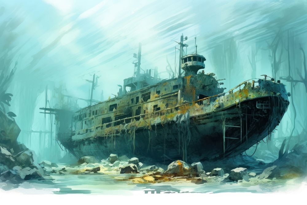 Ship shipwreck vehicle water, digital paint illustration. AI generated image