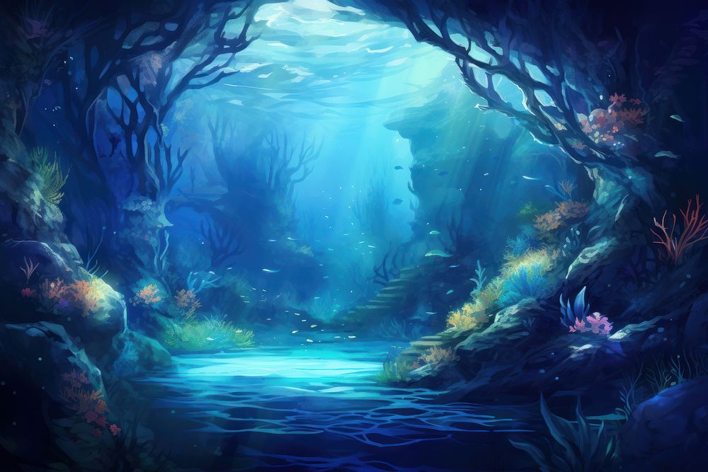 Underwater outdoors fantasy nature, digital paint illustration. AI generated image