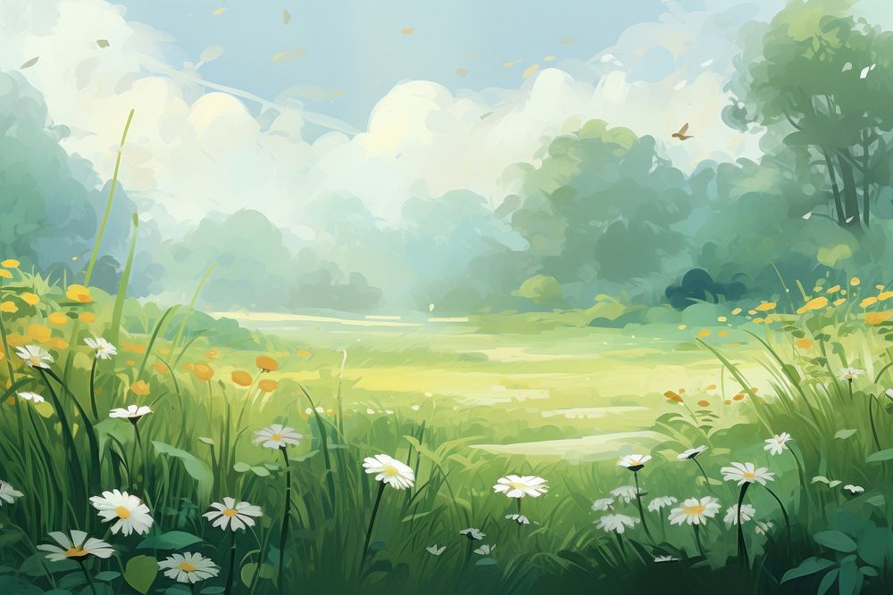 Meadow grassland landscape outdoors, digital paint illustration. 