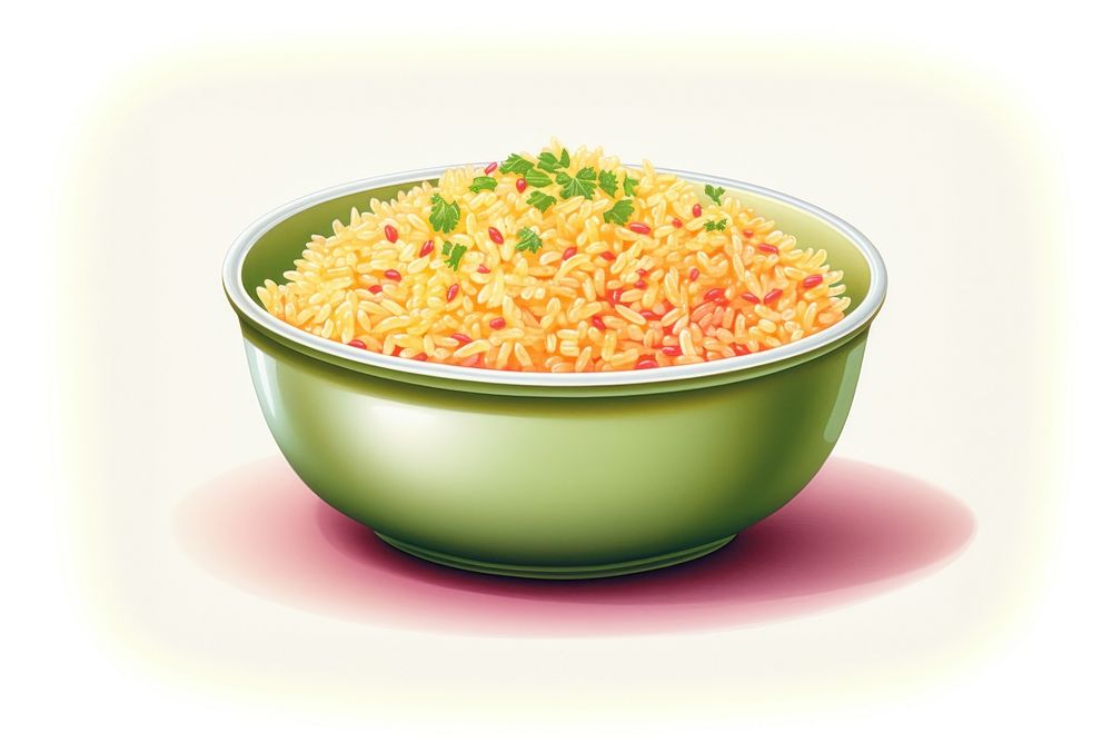 Rice bowl food white background, digital paint illustration. AI generated image