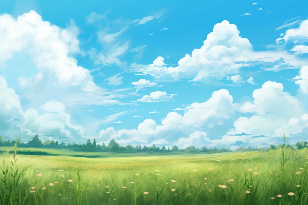 Meadow cloud grass green, digital paint illustration. 