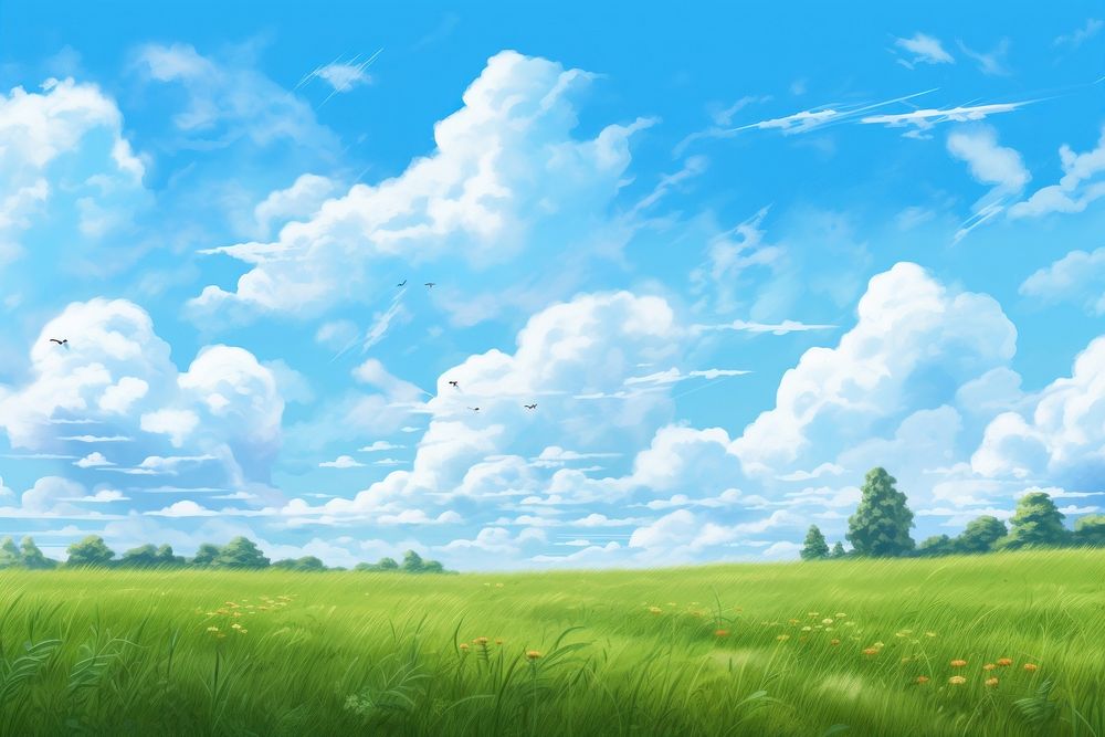 Meadow cloud grass sky, digital paint illustration. AI generated image