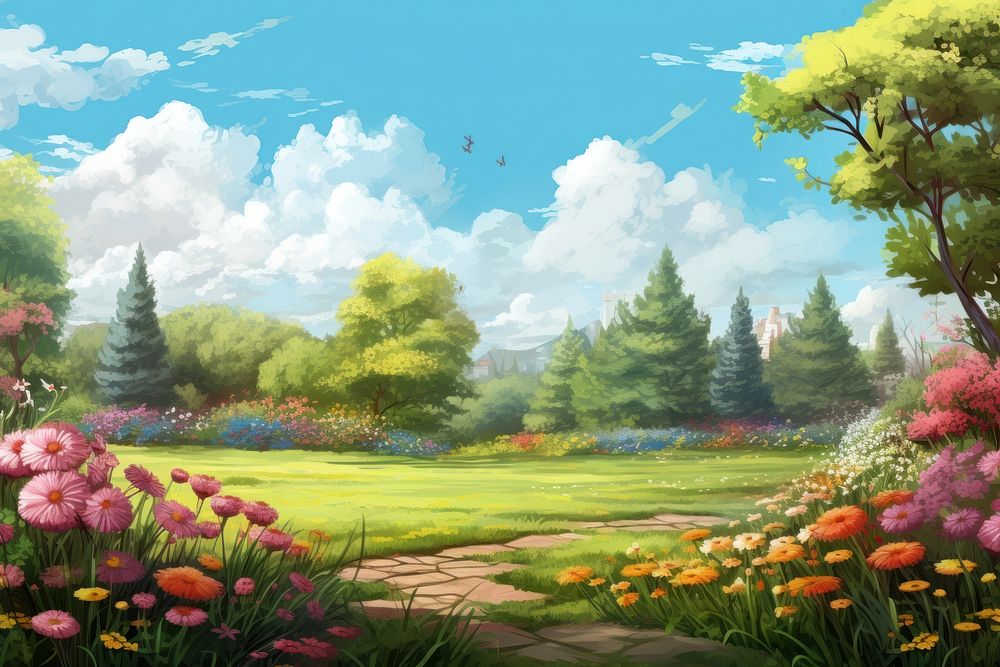 Landscape lawn outdoors painting, digital paint illustration. AI generated image