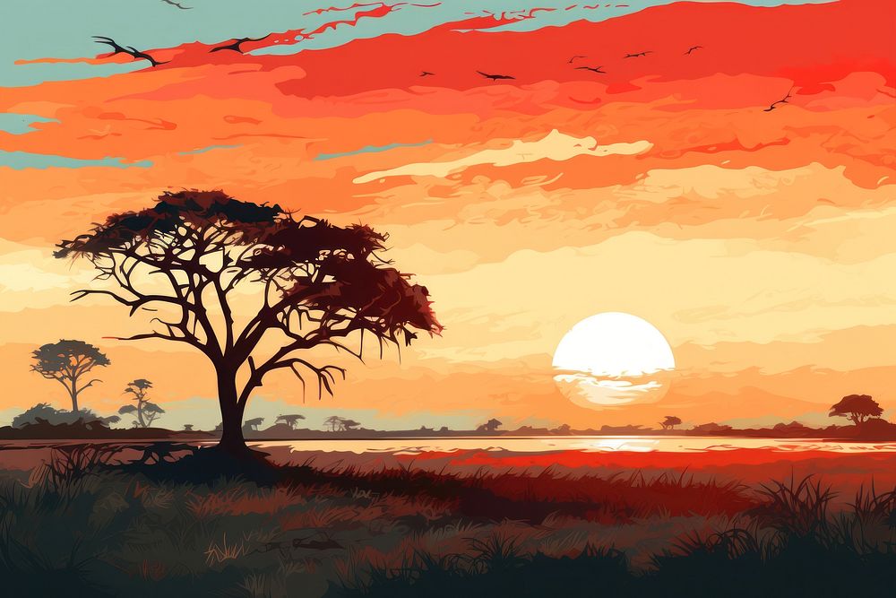 Savanna sunset landscape outdoors. AI generated Image by rawpixel.