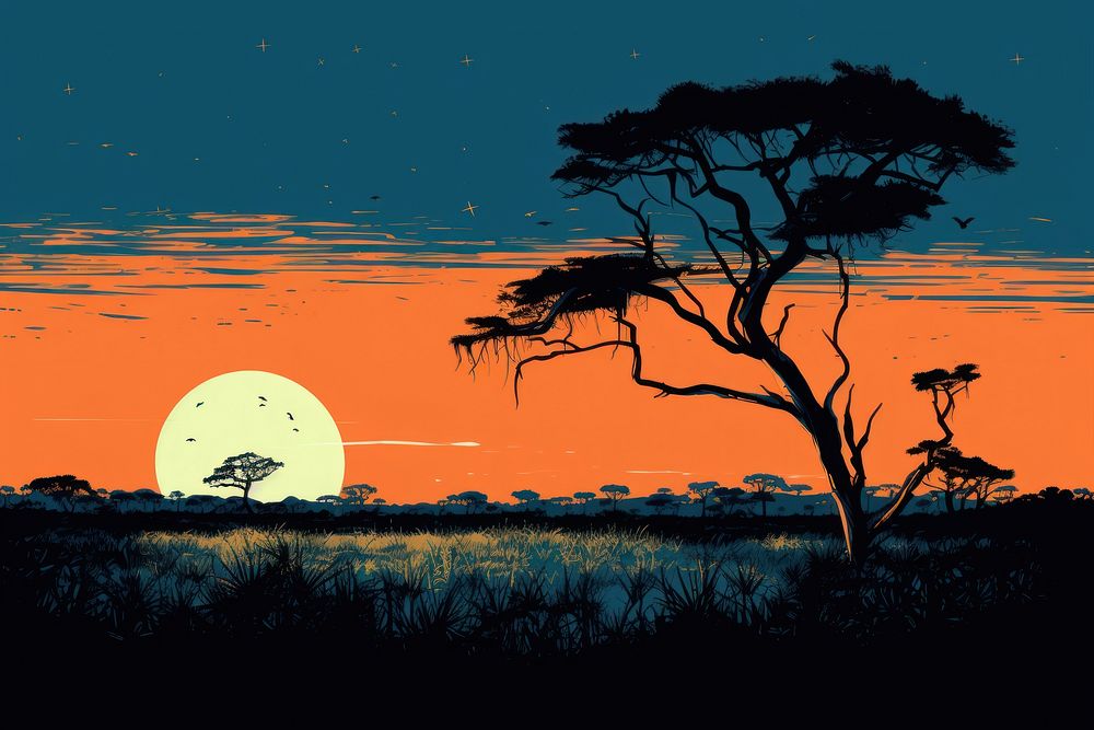 Savanna night silhouette landscape. AI generated Image by rawpixel.