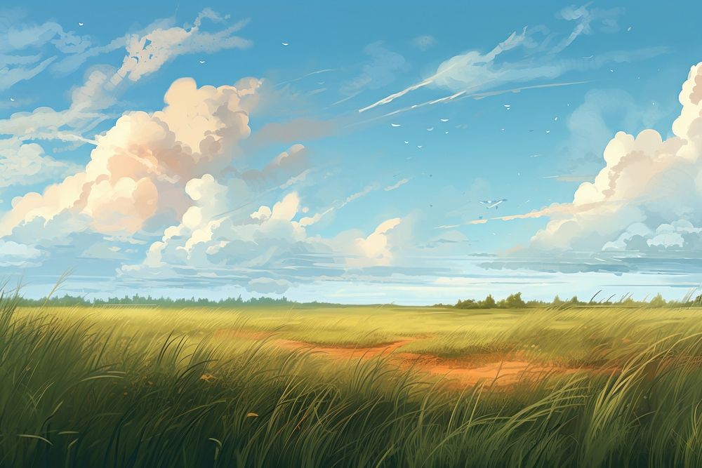 Landscape cloud grass sky, digital paint illustration. AI generated image