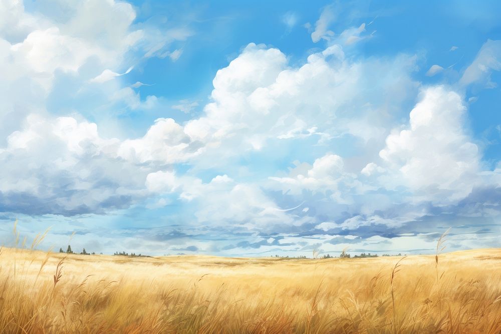 Landscape grass sky backgrounds, digital paint illustration. AI generated image