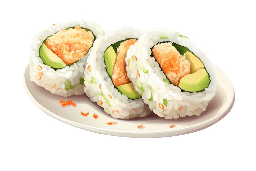 Sushi plate food rice, digital paint illustration.