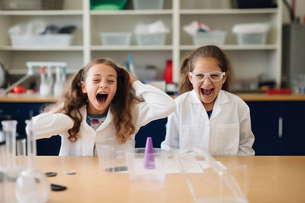 Chemistry classroom shouting laughing. AI generated Image by rawpixel.