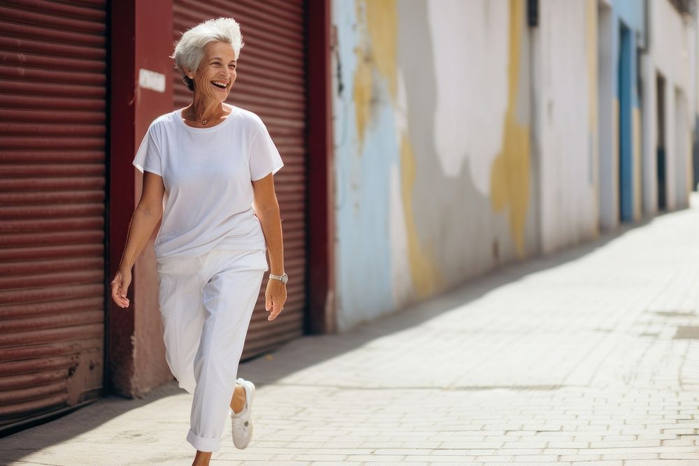 Cheerful walking adult white. 