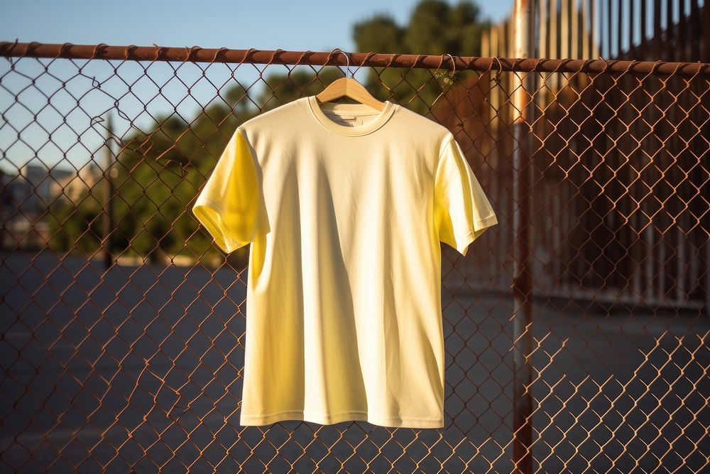 T-shirt sleeve yellow fence. 