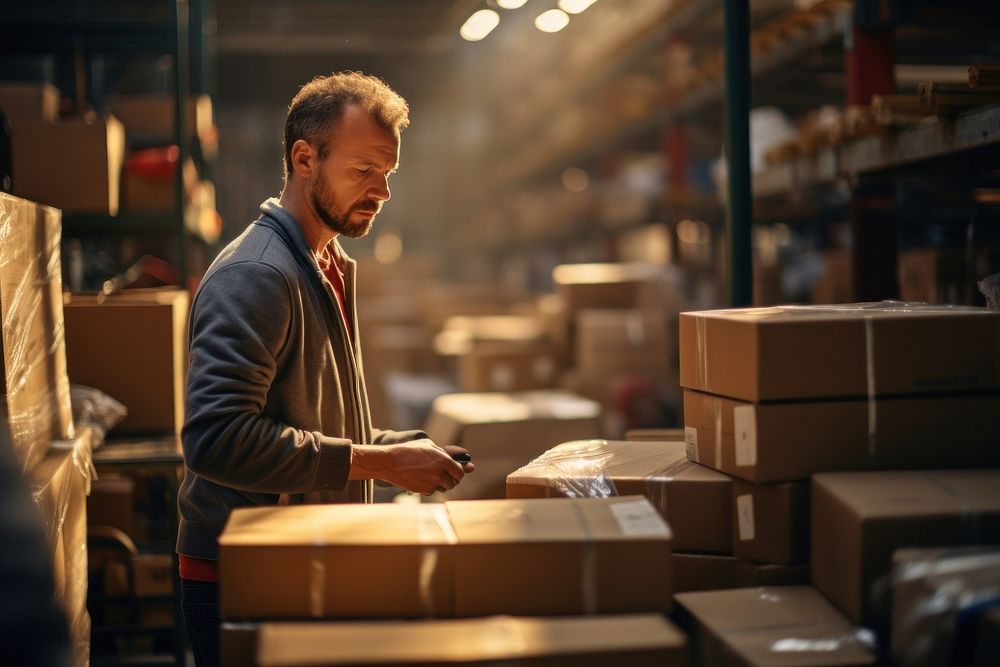 Warehouse adult cardboard working. 