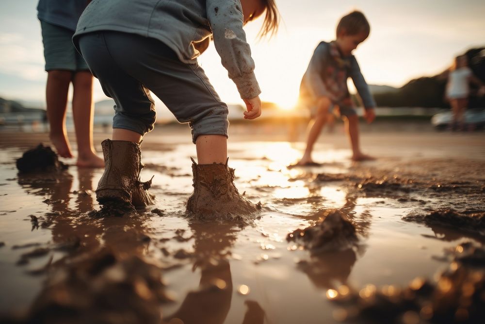 Child outdoors beach sand. 