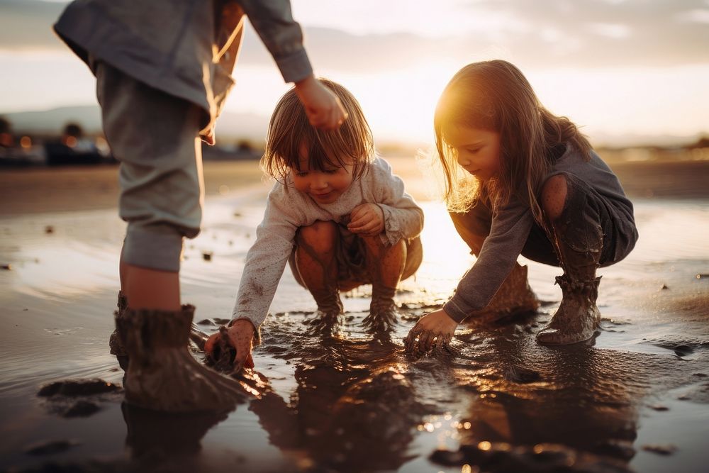 Child outdoors beach sand. 