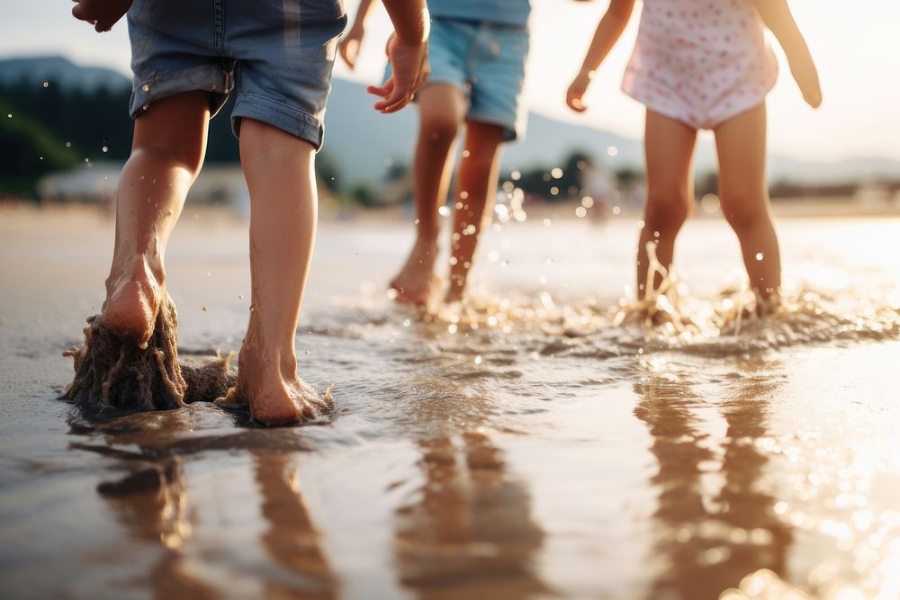 Child barefoot outdoors walking. 