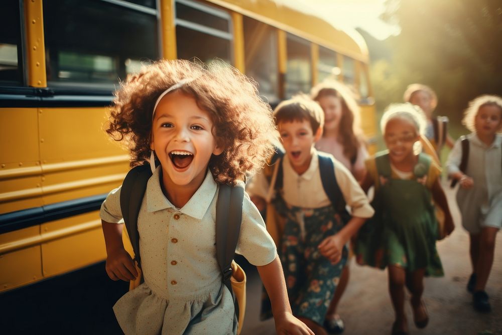 Child bus laughing school. 