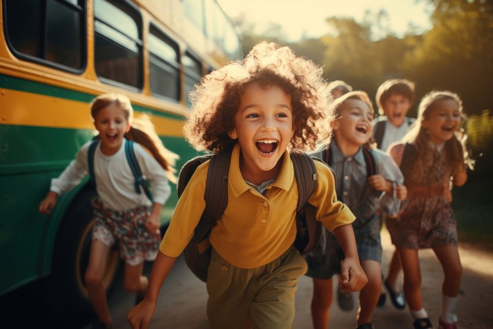 Child bus laughing school. 