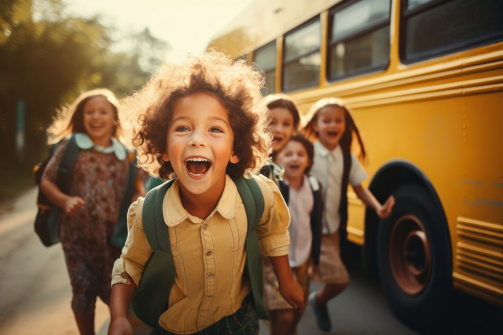 Child bus laughing vehicle. AI generated Image by rawpixel.