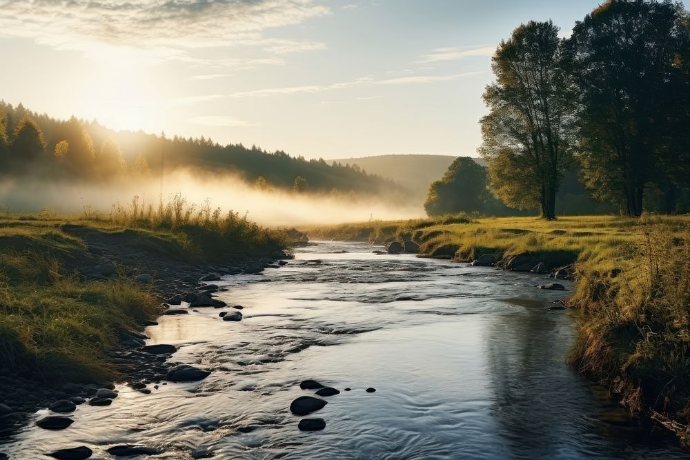 River landscape outdoors sunrise. AI generated Image by rawpixel.