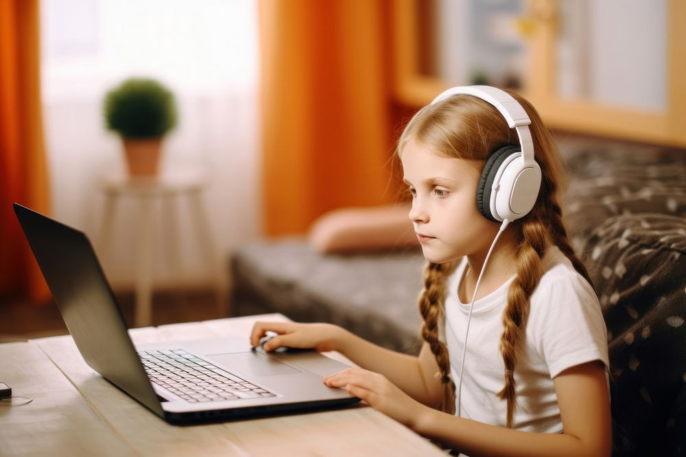 Headphones laptop computer child. AI generated Image by rawpixel.