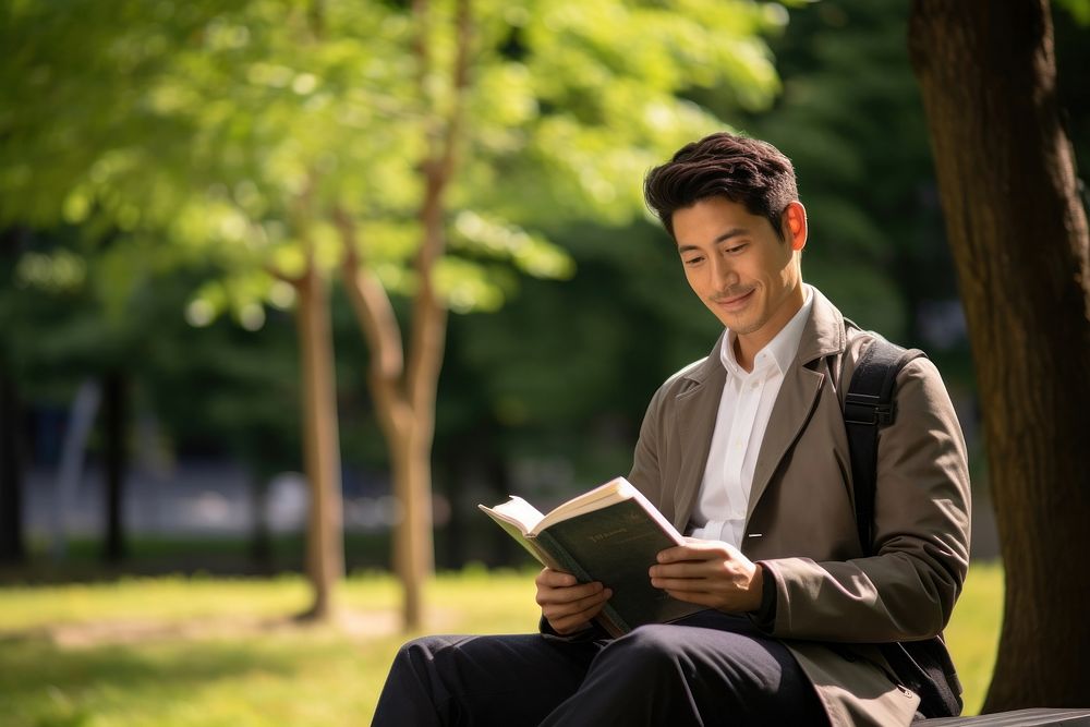 Reading sitting adult book. 