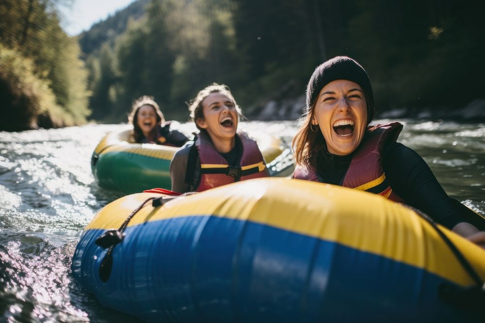 Lifejacket laughing vehicle tubing. AI generated Image by rawpixel.