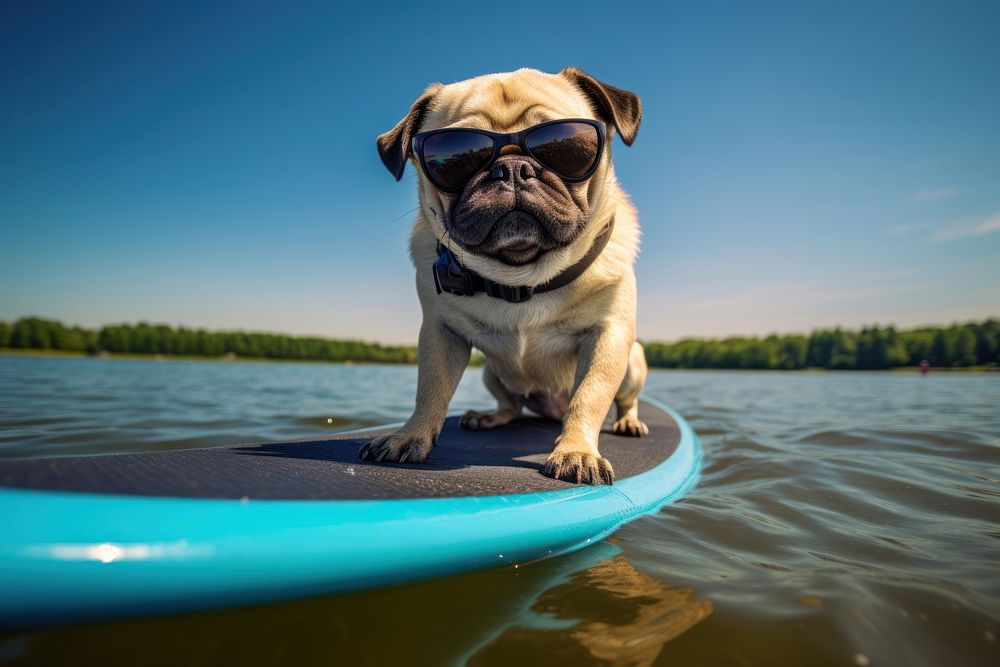 Sunglasses dog pug outdoors. 