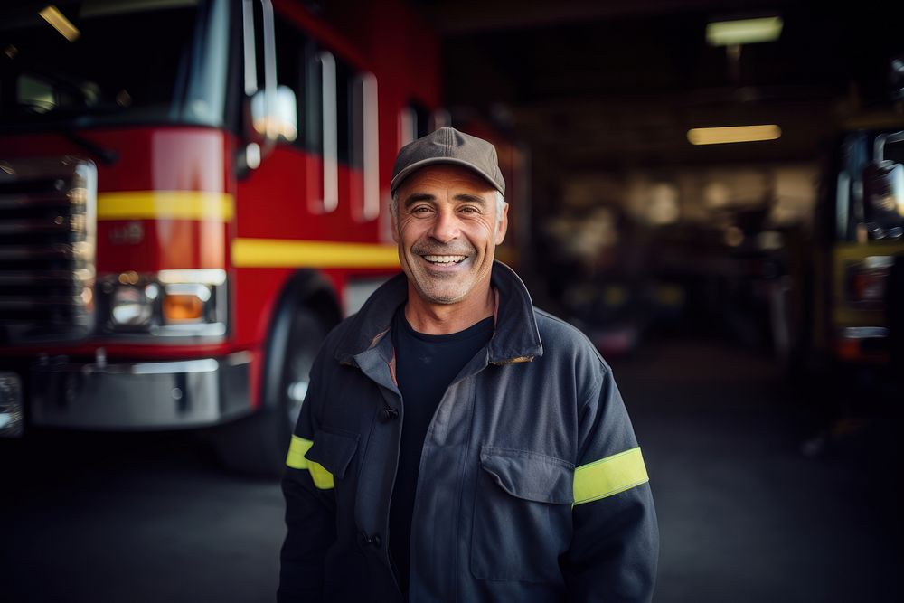 Firefighter smiling adult architecture. AI generated Image by rawpixel.