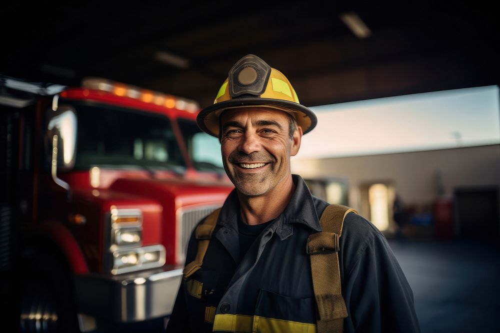 Firefighter vehicle smiling person. AI generated Image by rawpixel.