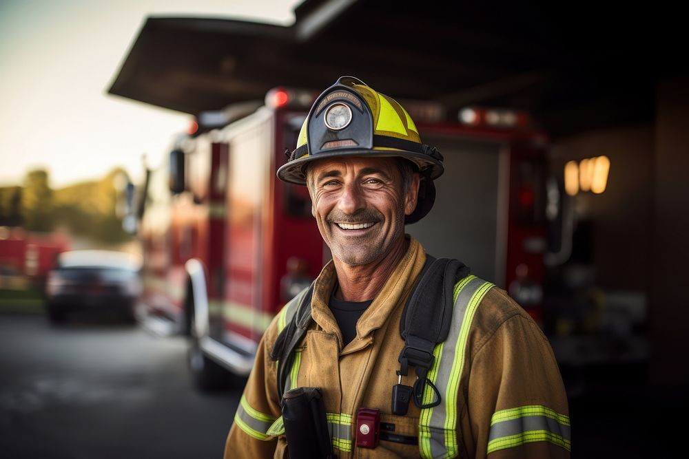 Firefighter vehicle smiling helmet. AI generated Image by rawpixel.