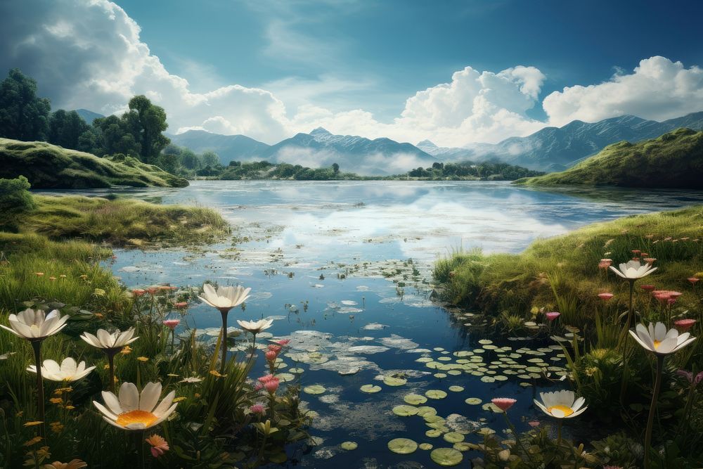 Flower lake landscape outdoors. AI generated Image by rawpixel.