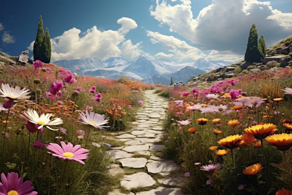Flower field landscape outdoors. AI generated Image by rawpixel.