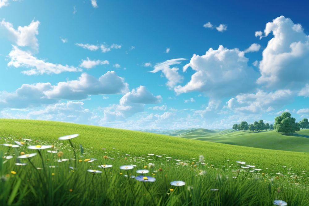 Flower field green sky. AI generated Image by rawpixel.