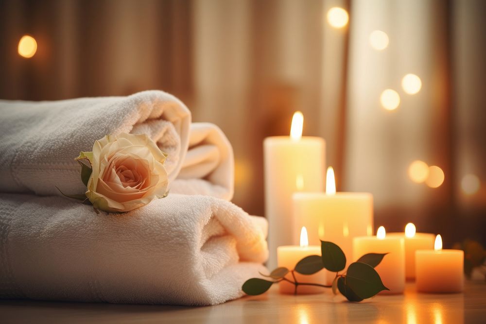 Candle lighting flower towel. AI generated Image by rawpixel.