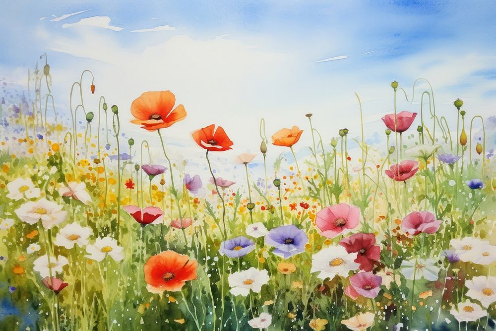 Flower field grassland landscape. AI generated Image by rawpixel.