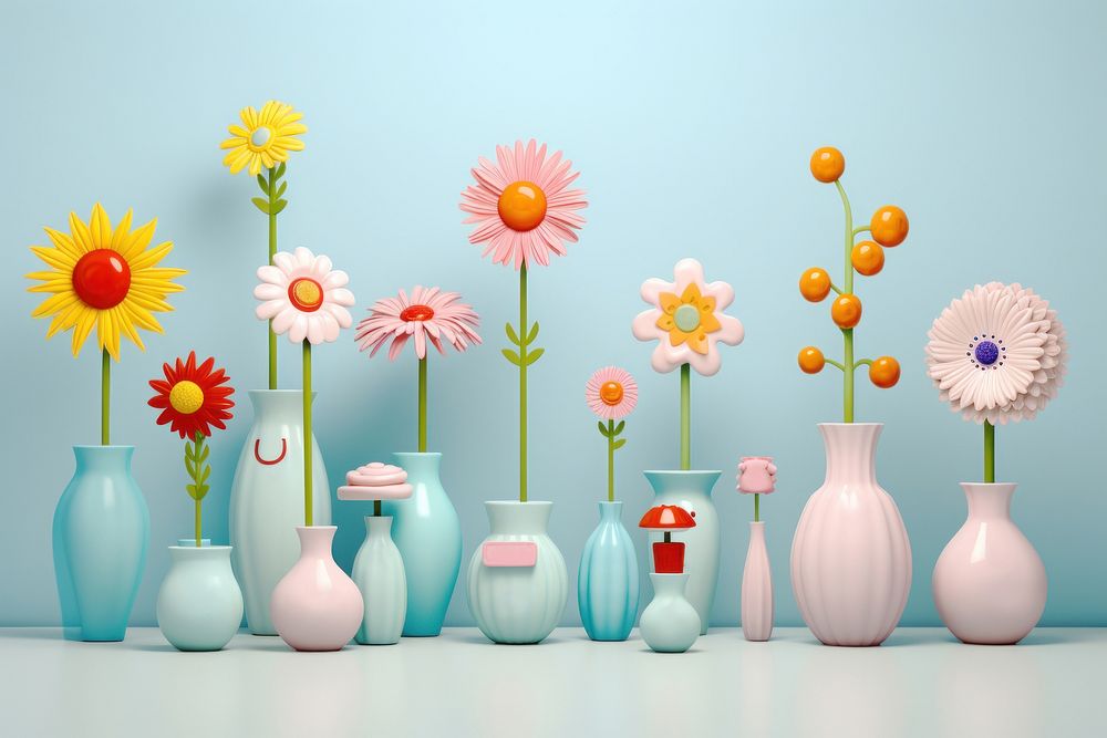 Flowers vases filled art cartoon. AI generated Image by rawpixel.