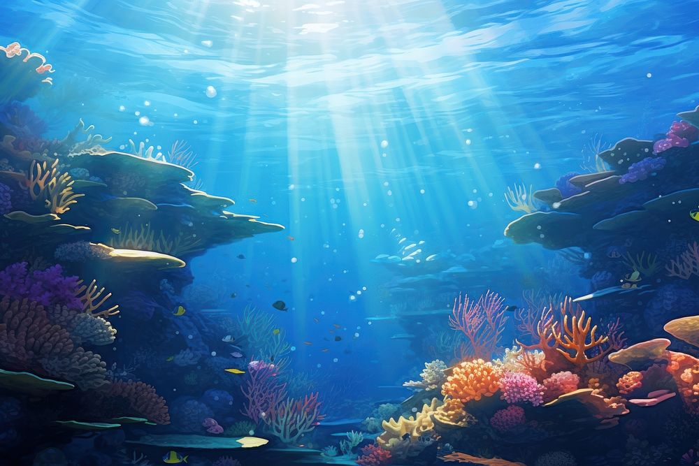 Underwater ocean sunlight outdoors, digital paint illustration. 