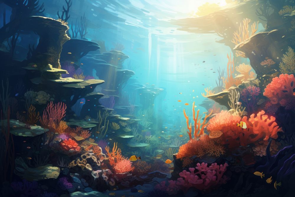 Ocean underwater aquarium outdoors, digital paint illustration. 