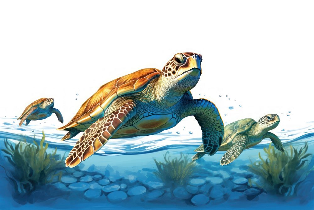 Sea turtles, digital paint illustration. AI generated image
