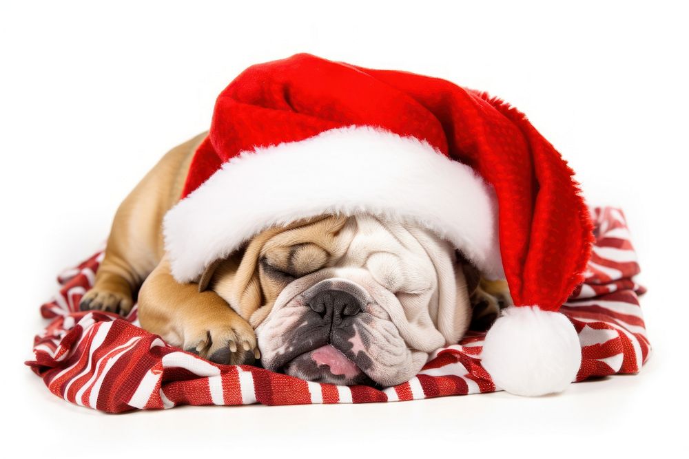 Bulldog christmas sleeping mammal. 