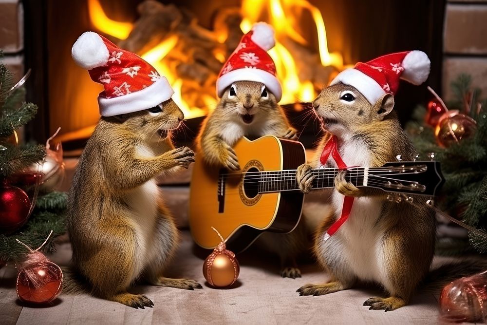 Fireplace christmas squirrel guitar. AI generated Image by rawpixel.