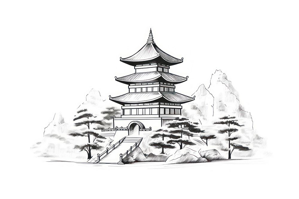 Drawing pagoda sketch white background. AI generated Image by rawpixel.