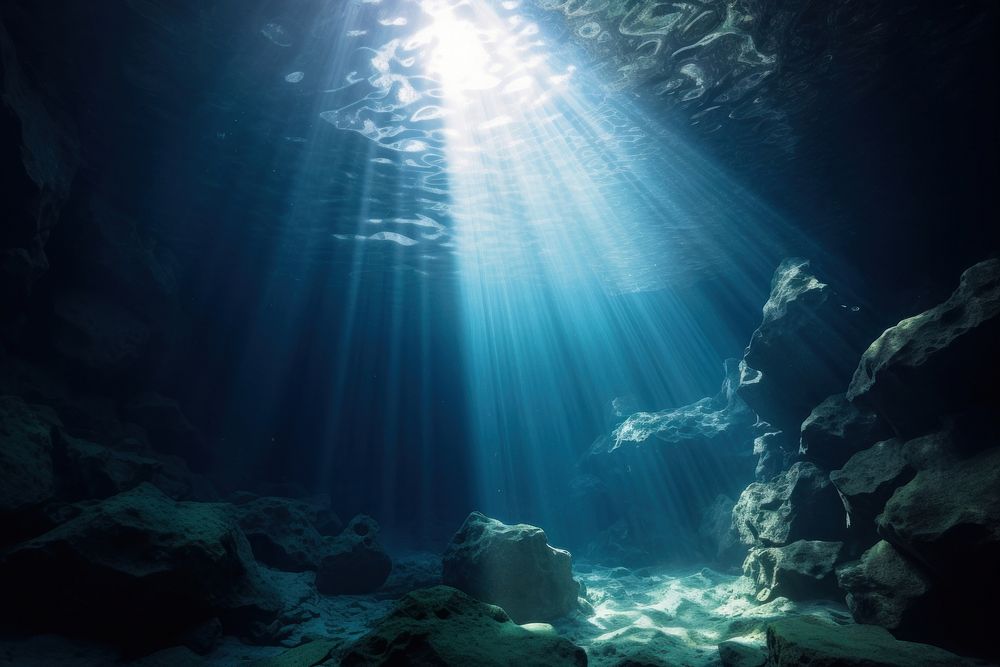 Underwater ocean sea sunlight, digital paint illustration. AI generated image