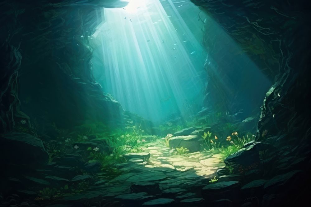 Underwater outdoors nature light, digital paint illustration. 