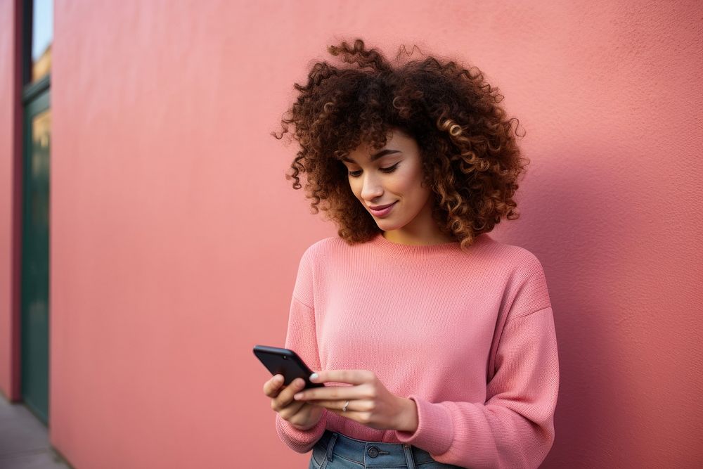 Looking adult woman phone. 