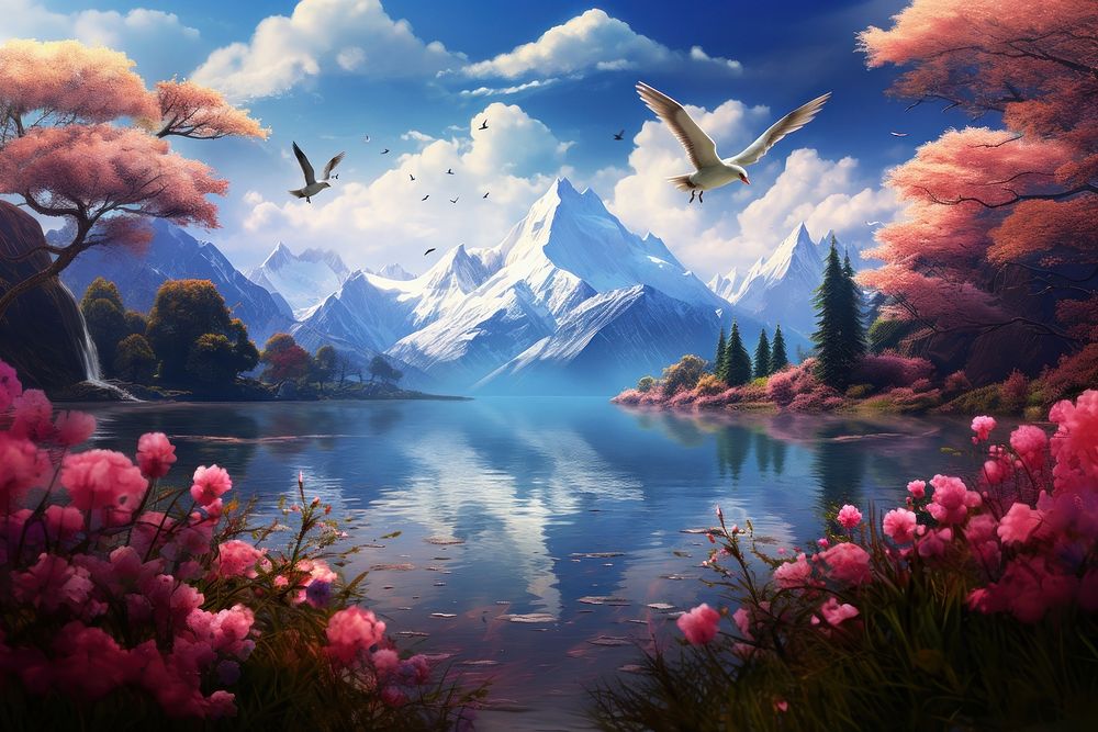 Flower bird landscape mountain. AI generated Image by rawpixel.