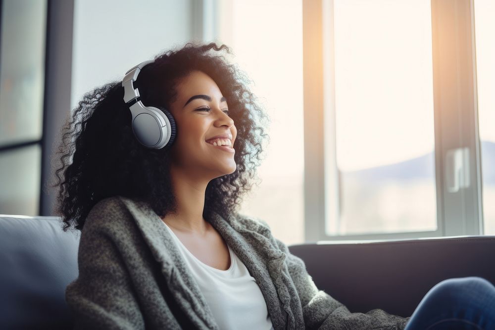 Headphones headset sitting smile. 