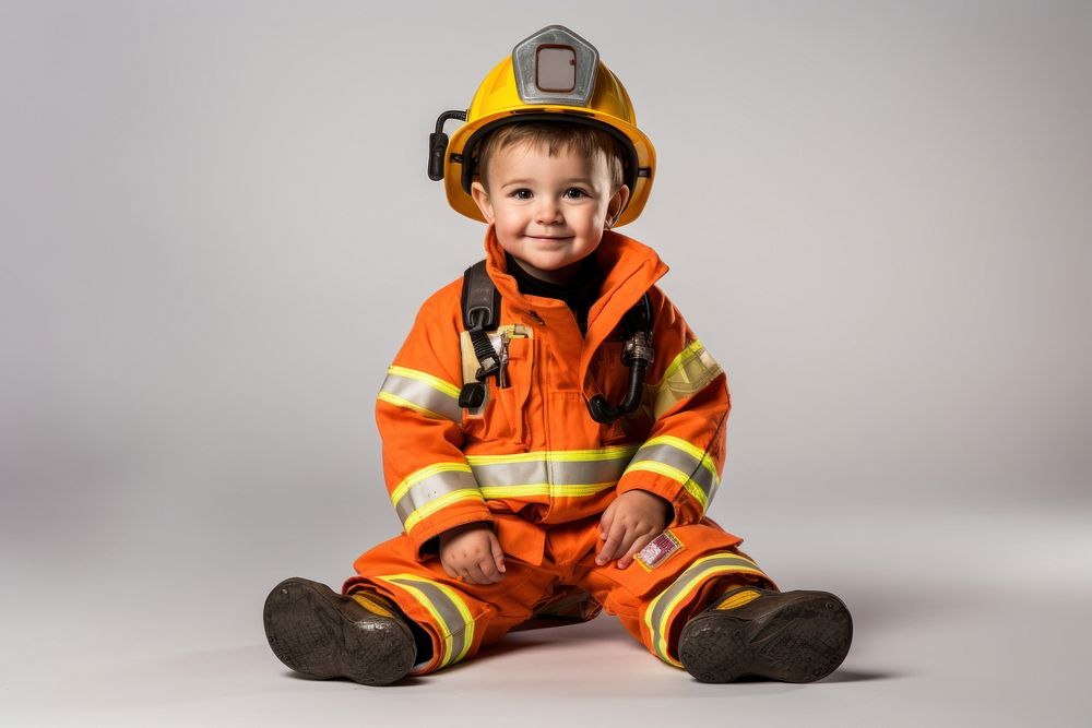 Portrait sitting fireman helmet. 